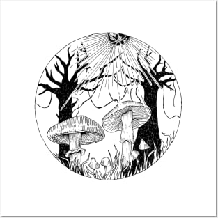 Enchanted forest with mushrooms Posters and Art